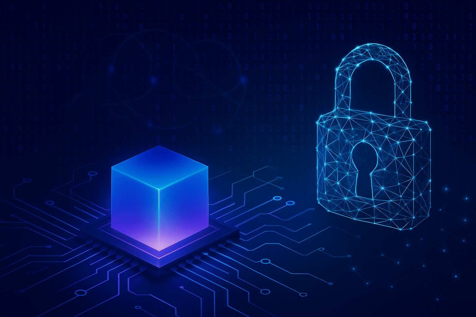 Futuristic illustration of a glowing quantum processor and a digital wireframe padlock, representing the intersection of quantum computing and cybersecurity.